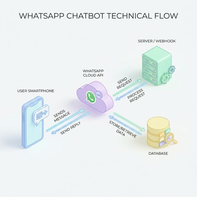 Architecture technique simplifiée d'un chatbot WhatsApp